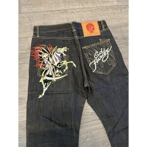 Vintage Y2K Ed Hardy Embroidered Skull Jeans Size 32x34 Dark Denim Wash